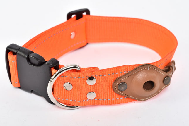 Wide dog collar with AirTag pocket, fluorescent orange