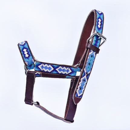 Hand-Embroidered Leather Horse Halter — Racehorse (Light Blue / Navy / White)