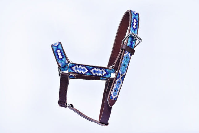 Hand-Embroidered Leather Horse Halter — Racehorse (Light Blue / Navy / White)