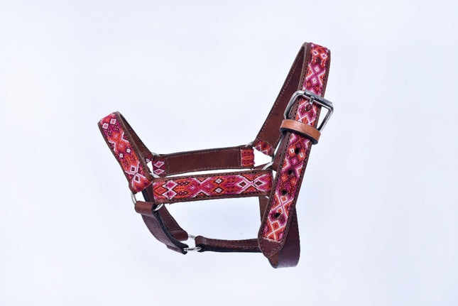 Hand-Embroidered Leather Horse Halter — Racehorse (Red / Wine / White)