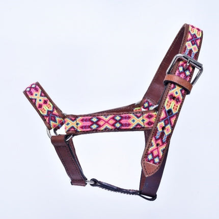 Hand-Embroidered Leather Horse Halter — Racehorse (Pink / Yellow / Wine)