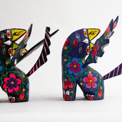 Set of 2 Wooden Alebrije Winged Cats - Black & Purple