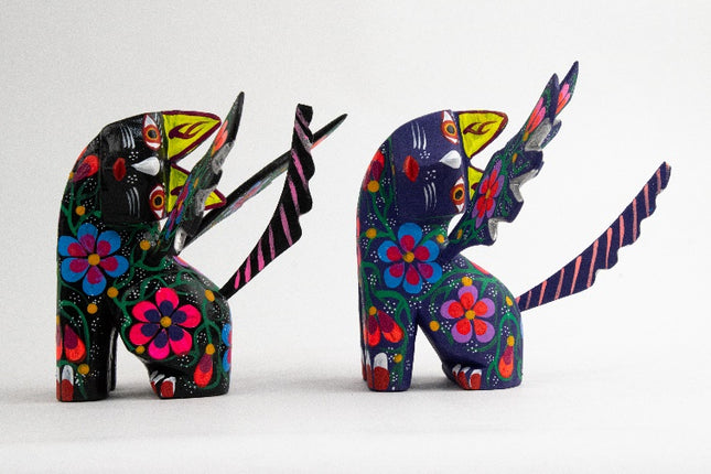Set of 2 Wooden Alebrije Winged Cats - Black & Purple