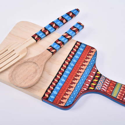 Hand Painted Chopping Board - Red & Blue Aztec