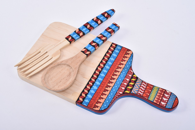 Hand Painted Chopping Board - Red & Blue Aztec
