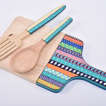 Hand Painted Chopping Board - Turquoise Aztec Stripes