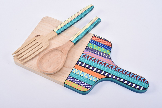 Hand Painted Chopping Board - Turquoise Aztec Stripes