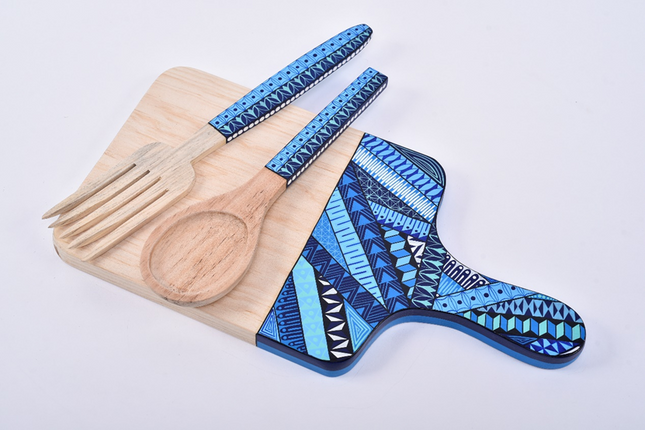 Hand Painted Chopping Board - Blue Geometric