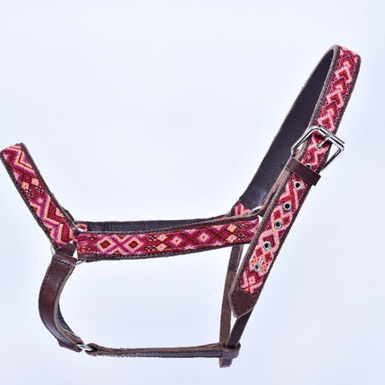 Hand-Embroidered Leather Horse Halter — Pink / Salmon / Red
