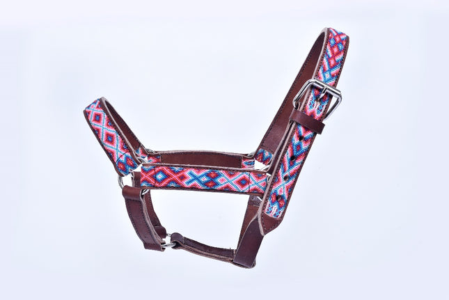 Hand-Embroidered Leather Horse Halter — Charro / Cowboy Event Horse (Pink / Light Blue / White)