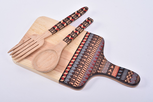 Hand Painted Chopping Board - Maroon & Gray Aztec