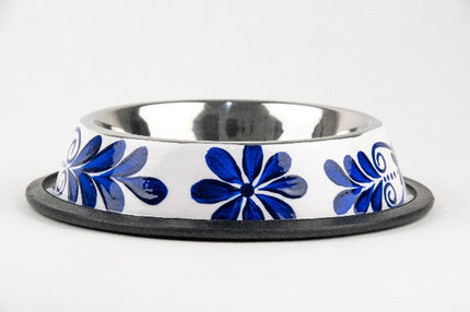 Hand-Painted Stainless Steel Pet Bowl — White/Blue (16 oz)