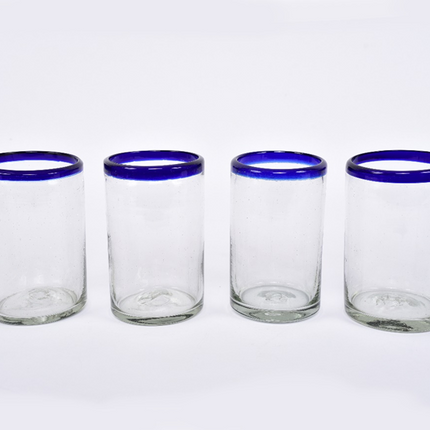 Set of 4 blown glass tumblers blue rim - Abba-Express