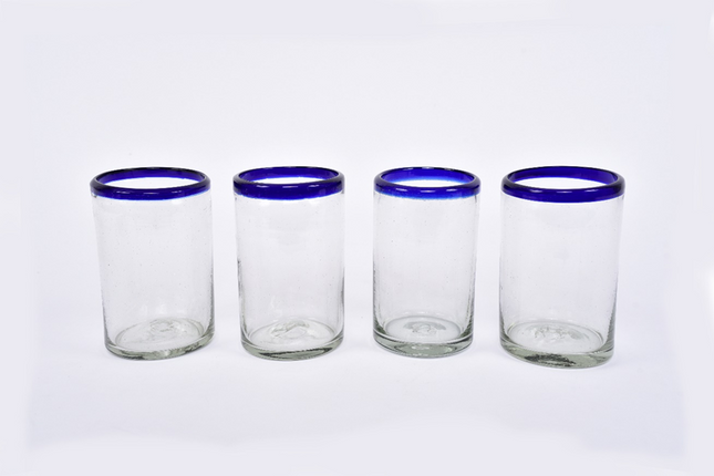 Set of 4 blown glass tumblers blue rim - Abba-Express