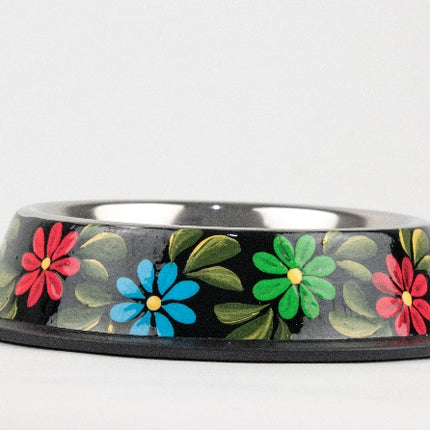 Hand-Painted Stainless Steel Pet Bowl — Flowery Black (24 oz)