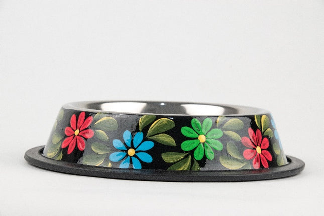 Hand-Painted Stainless Steel Pet Bowl — Flowery Black (24 oz)