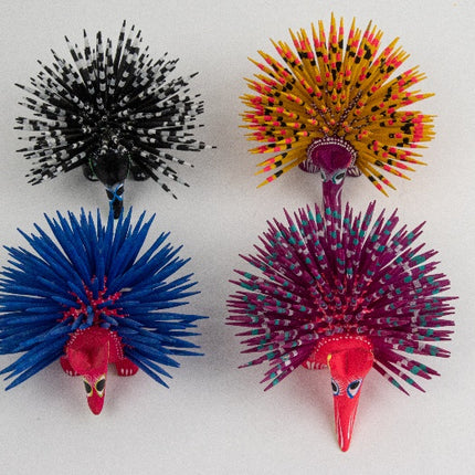 Set of 4 Wooden Alebrije Hedgehogs - Blue, Yellow, Black & Magenta