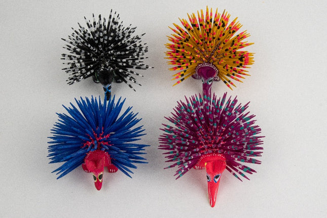 Set of 4 Wooden Alebrije Hedgehogs - Blue, Yellow, Black & Magenta
