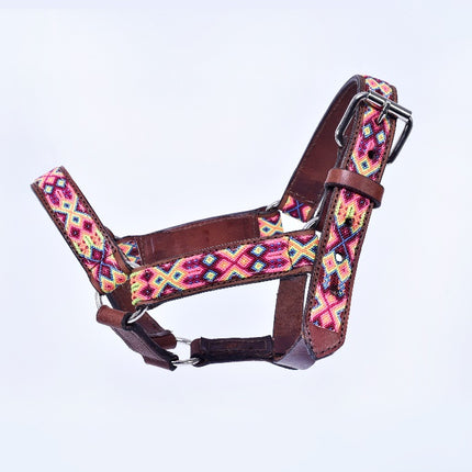 Hand-Embroidered Leather Horse Halter — Pony (Pink / Yellow / Wine)