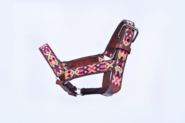 Hand-Embroidered Leather Horse Halter — Pony (Pink / Yellow / Wine)