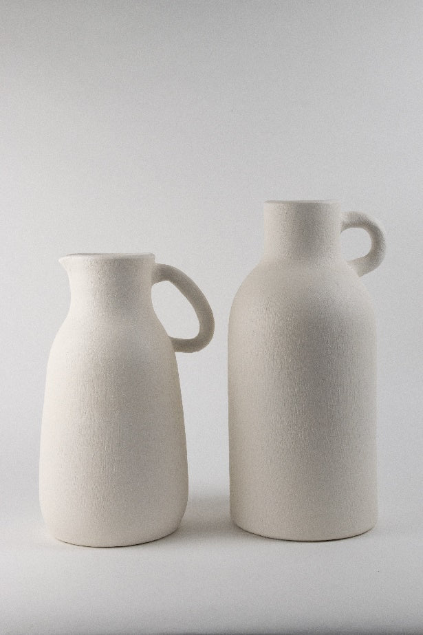 White Clay Pitcher Vases (Pair)
