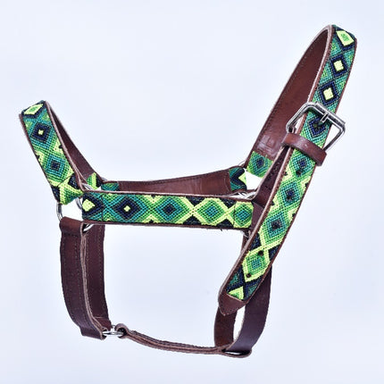 Hand-Embroidered Leather Horse Halter — Friesian &amp; Percheron (Dark Green / Lemon / Navy)