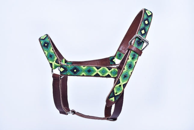 Hand-Embroidered Leather Horse Halter — Friesian &amp; Percheron (Dark Green / Lemon / Navy)
