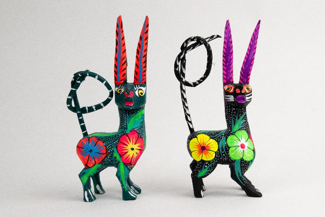 Set of 2 Wooden Alebrije Fantasy Creatures - Teal & Navy