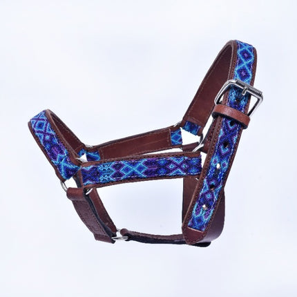 Hand-Embroidered Leather Horse Halter — Racehorse (Light Blue / Navy / Purple)