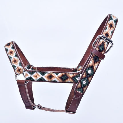 Hand-Embroidered Leather Horse Halter — Charro / Cowboy Event Horse (Green / Camel / White)