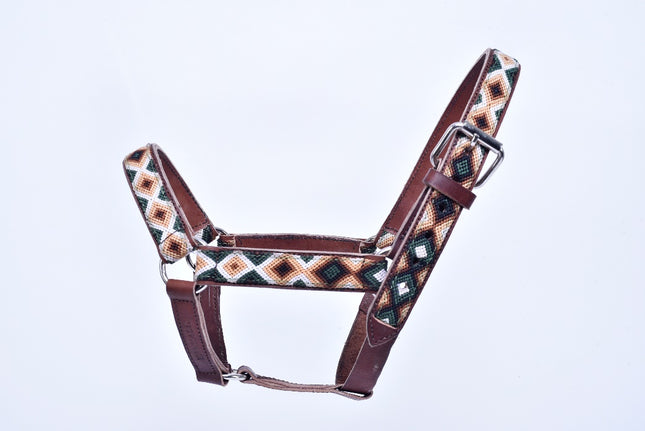 Hand-Embroidered Leather Horse Halter — Charro / Cowboy Event Horse (Green / Camel / White)