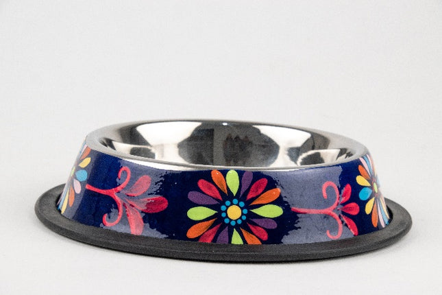 Hand-Painted Stainless Steel Pet Bowl — Flowery Blue (24 oz)