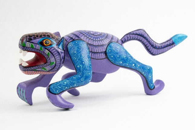 Hand-Carved Wooden Alebrije Panther - Purple & Blue