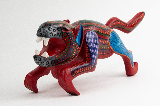 Hand-Carved Wooden Alebrije Panther - Red & Blue