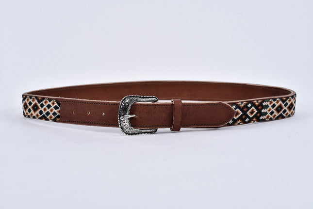 Engraved Leather Belt — Coffee/Beige/Green