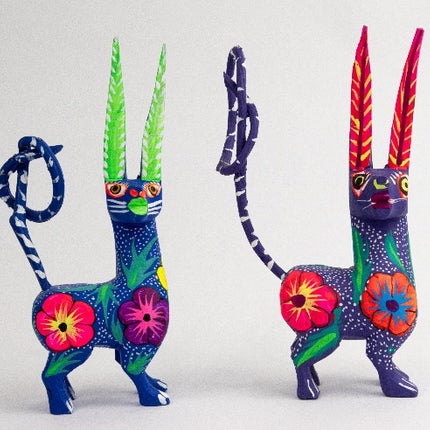 Set of 2 Wooden Alebrije Fantasy Creatures - Navy & Purple