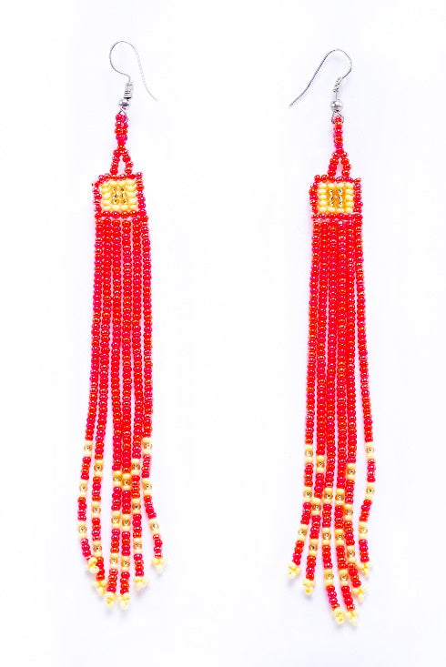 Wixárika Long Beaded Earrings — 11 cm (Orange & Black)