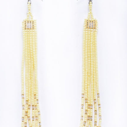 Wixárika Long Beaded Earrings — 11 cm (Ivory & Light Blue)