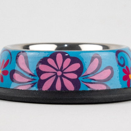 Hand-painted stainless steel pet bowl, blue and pink