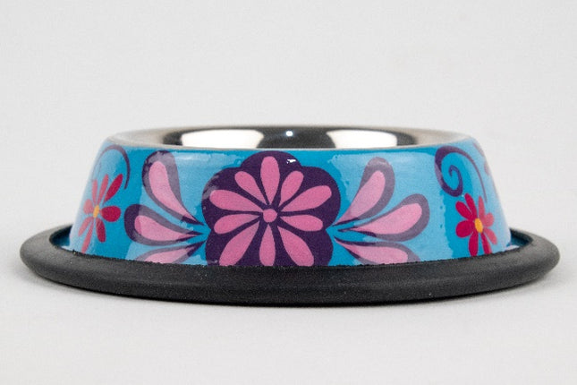 Hand-painted stainless steel pet bowl, blue and pink