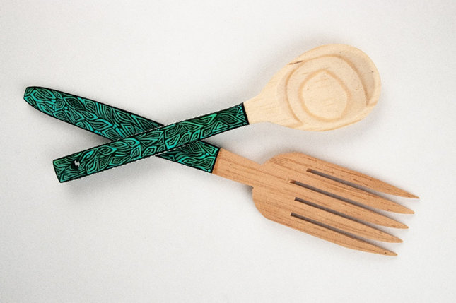 Pair of Handmade Painted Kitchen Utensils - Aqua