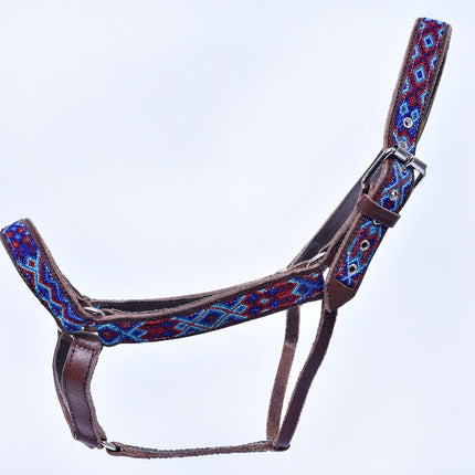 Hand-Embroidered Leather Horse Halter — Navy / Light Blue / Red