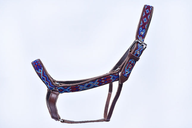 Hand-Embroidered Leather Horse Halter — Navy / Light Blue / Red