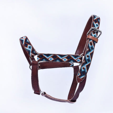 Hand-Embroidered Leather Horse Halter — Friesian &amp; Percheron (Light Blue / Navy / Brown)