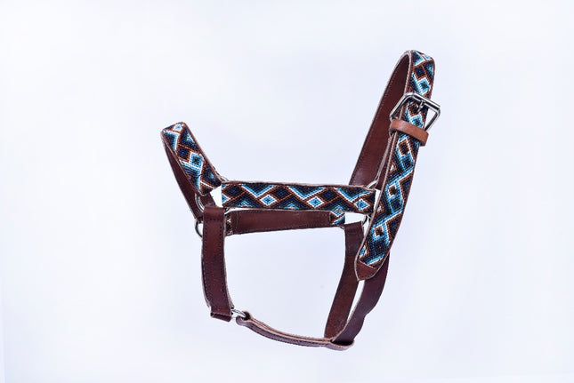 Hand-Embroidered Leather Horse Halter — Friesian &amp; Percheron (Light Blue / Navy / Brown)
