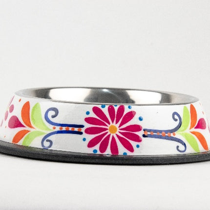 Hand-Painted Stainless Steel Pet Bowl — Flowery Pink/White (16 oz)