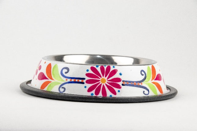 Hand-Painted Stainless Steel Pet Bowl — Flowery Pink/White (16 oz)