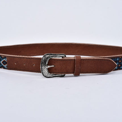 Engraved Leather Belt — Blue/Coffee/Beige