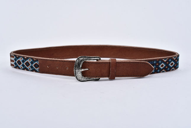 Engraved Leather Belt — Blue/Coffee/Beige