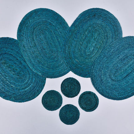 Straw Placemat & Coaster Set (4+4) - Turquoise